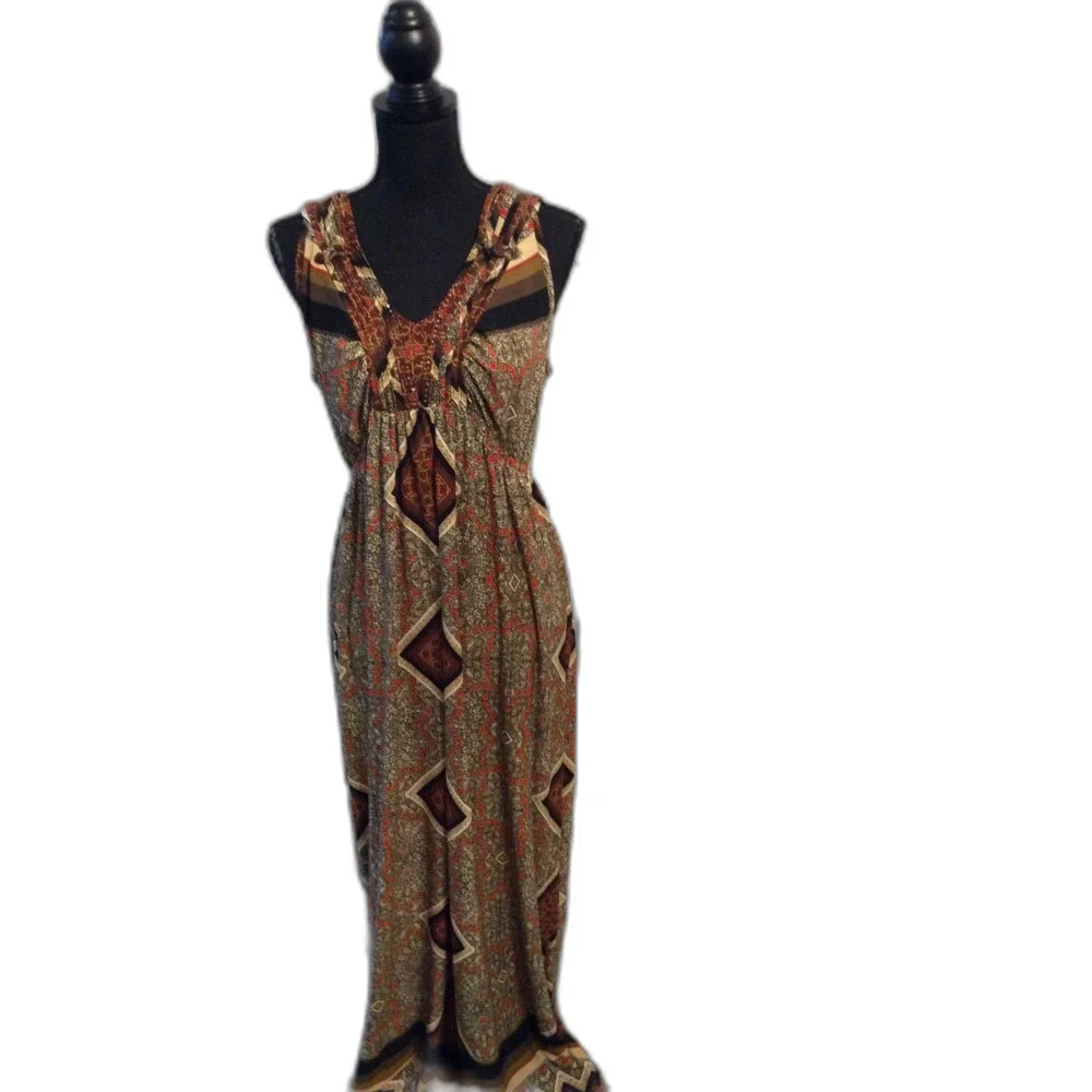 Boho Maxi One World V Neck Medium M Brown Neutral Stretch